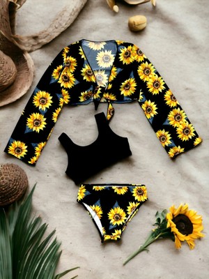 Lolliboom Kids Yeni Sezon Kız Çocuk Ay Çiçeği / Sunflower Desen Siyah Sarı Renk Pareolu Bikini Takımı 3'lü Set