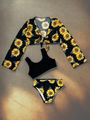 Lolliboom Kids Yeni Sezon Kız Çocuk Ay Çiçeği / Sunflower Desen Siyah Sarı Renk Pareolu Bikini Takımı 3'lü Set