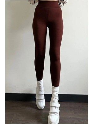 Umars Kahverengi  Fitilli Tayt, Toparlayıcı Yüksek Bel Fitilli Çizgili Spor Günlük Kadın Tayt