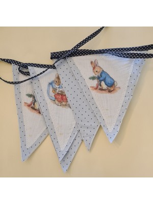 Leylace Mavi Peter Rabbit Desenli Erkek Çocuk Odası Duvar Süsü 5 Parça Üçgen Kumaş Bayrak Flama Banner 4