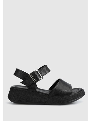 ProvoQ Siyah Deri Kadın Düz Sandalet