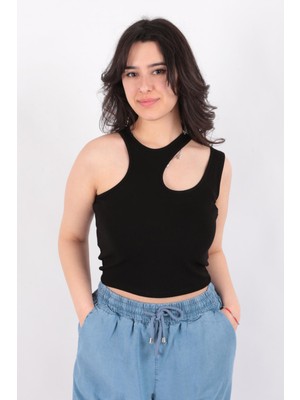 Fashion Friends 24Y0559K1 Kadın Cut Out Pencere Detaylı Fitilli Kolsuz Crop Bluz