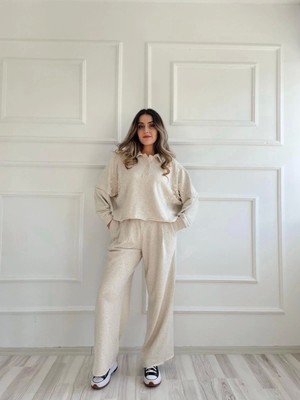 Key Moda Kadın Taşlı Sweat Pantolon Takım Açık Vizon