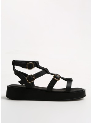 Fabrika Siyah Kadın Sandalet Hulong Dolgu Topuklu Şık Tasarım Kısa Topuklu