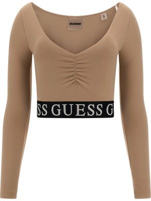 Guess Açık Kahve Kadın V Yaka T-Shirt V3BP08MC04ZA10L-KIRAN Ls Actıve Top