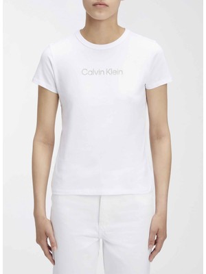 Calvin Klein Bisiklet Yaka Düz Beyaz Kadın T-Shirt Hero Logo Modern Fıt T-Shırt