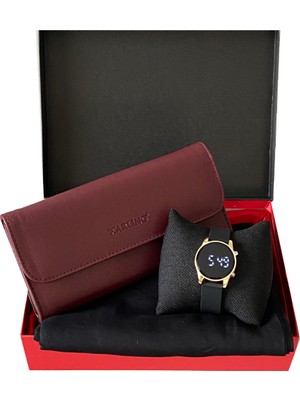 Spectrum Sevgililer Günü Kadın  Bordo Cüzdan Siyah Penye Şal Dijital Kol Saati