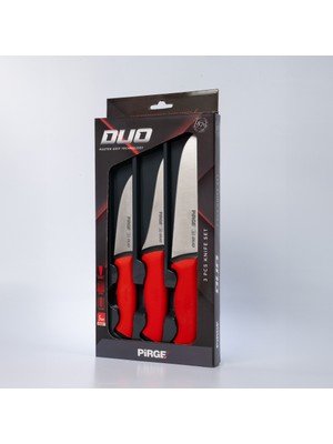 Pirge Duo Profesyonel Kasap Bıçak Seti - Yüksek Karbon Çelik, 3'lü Et Kesme ve Sıyırma, Kırmızı Kaymaz Saplı