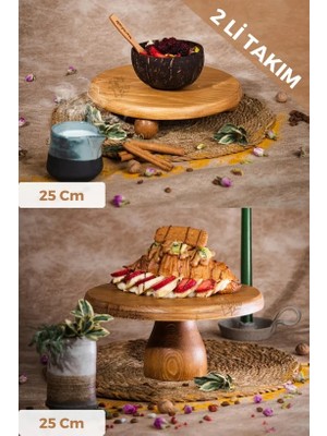 Justwood Justwood 2 Li Risus&lucca Top Ayaklı 25 cm ve 25 Ahşap Yuvarlak Pasta Sunum Servis Tabağı Seti