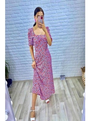 Elbee Fashion Woman Kare Yaka Yırtmaçlı Elbise - Pembe