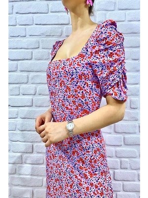 Elbee Fashion Woman Kare Yaka Yırtmaçlı Elbise - Pembe