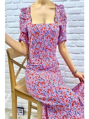 Elbee Fashion Woman Kare Yaka Yırtmaçlı Elbise - Pembe