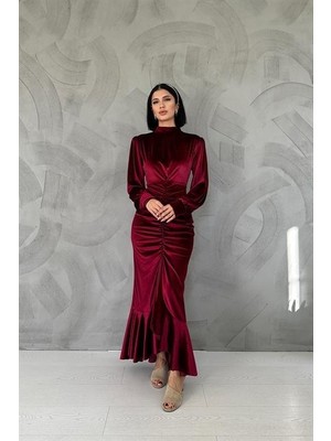 Elbee Fashion Woman Önü Büzgülü Dik Yaka Elbise - Bordo