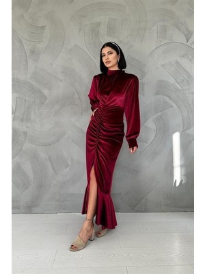 Elbee Fashion Woman Önü Büzgülü Dik Yaka Elbise - Bordo