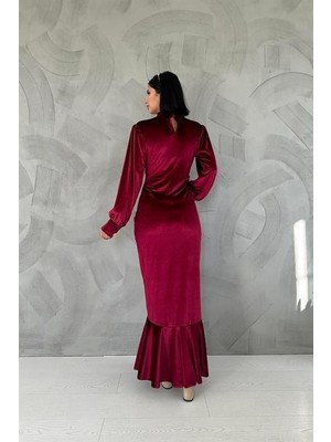 Elbee Fashion Woman Önü Büzgülü Dik Yaka Elbise - Bordo