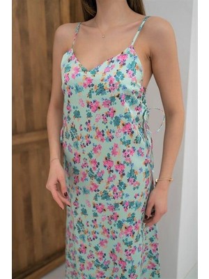 Elbee Fashion Woman Çiçekli Saten Elbise - Mint