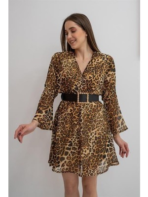 Elbee Fashion Woman Kemerli Leopar Desenli Elbise - Kahverengi