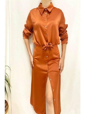 Elbee Fashion Woman Saten Elbise - Kiremit