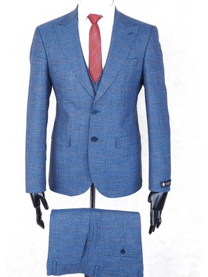 Jan Carlucci Slim Fit Sivri Yaka-Çift Yırtmaç Mavi Kareli  Drop 6 Yelekli Takım Elbise