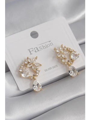 E-Bijuteri Pirinç Gold Renk Zirkon Taşlı Çiçek Model Sallantı Detay Kadın Küpe