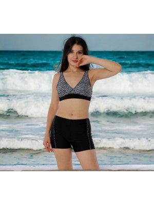 Shopiolog Kruvaze Desenli Şortlu Büyük Beden Bikini