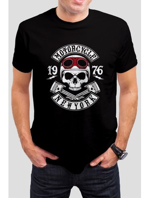 T-35 Newyork Motorcu Kuru Kafa Baskılı Siyah Unisex Tişört C281