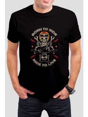 T-35 Motorcu Kuru Kafa Baskılı Siyah Unisex Tişört C283