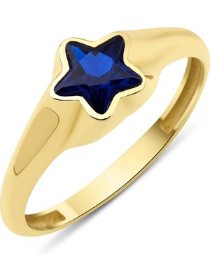 Fiyonk Kuyumculuk 14 Ayar Altın Safir Detaylı Yıldız Yüzük