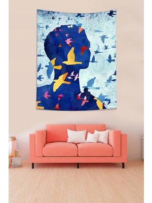Pelangi Insan ve Uçan Kuşlar Leke Tutmaz Kumaş Duvar Örtüsü Duvar Halısı Tapestry