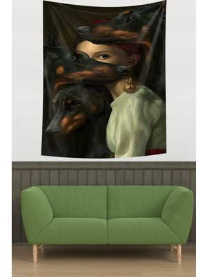 Pelangi Doberman Köpekler ve Kız Leke Tutmaz Kumaş Duvar Örtüsü Duvar Halısı Tapestry