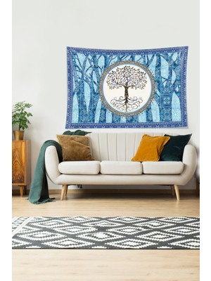 Pelangi Hayat Ağacı Desenli Leke Tutmaz Kadife Dokulu Kumaş Duvar Örtüsü Duvar Halısı Tapestry