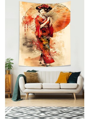 Pelangi Şemsiyeli Japon Kız Leke Tutmaz Kumaş Duvar Örtüsü Duvar Halısı Tapestry