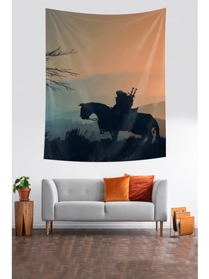 Pelangi Gün Batımında Atlı Adam Leke Tutmaz Kumaş Duvar Örtüsü Duvar Halısı Tapestry