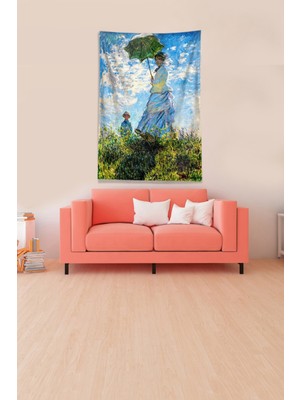 Pelangi Mavi Şemsiyeli Kadın Leke Tutmaz Kadife Kumaş Duvar Örtüsü Duvar Halısı Tapestry