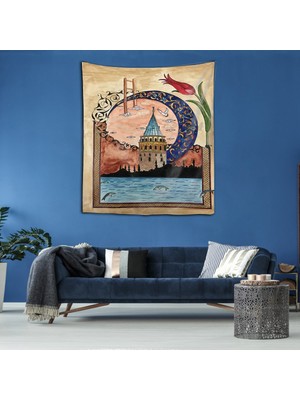 Pelangi Galata Kulesi Istanbul Temalı Yıkanabilir Leke Tutmaz Kumaş Duvar Örtüsü Duvar Halısı Tapestry