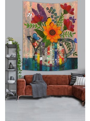 Pelangi Çaydanlıktaki Çiçekler ve Kelebek Vintage Tema Leke Tutmaz Kumaş Duvar Örtüsü Duvar Halısı Tapestry