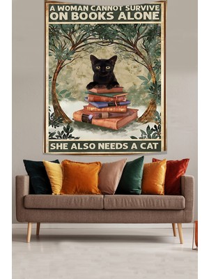 Pelangi Ormandaki Kitaplar ve Siyah Kedi Leke Tutmaz Kumaş Duvar Örtüsü Duvar Halısı Tapestry