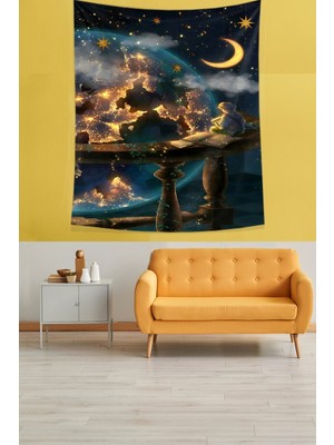 Pelangi Binbir Gece Masalları Temalı Ay ve Dünya Leke Tutmaz Kumaş Duvar Örtüsü Duvar Halısı Tapestry