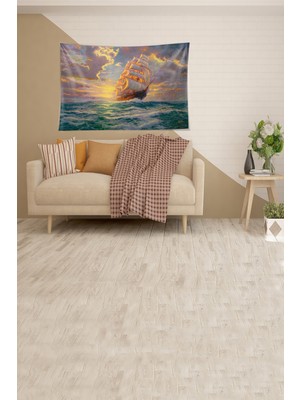 Pelangi Mavi  Okyanustaki Gemi Desenli Leke Tutmaz Kadife Kumaş Duvar Örtüsü Duvar Halısı Tapestry