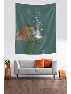 Pelangi Küçük Kızın Işık Saçan Hediye Kutusu Leke Tutmaz Kumaş Duvar Örtüsü Duvar Halısı Tapestry