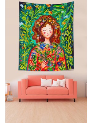 Pelangi Çiçekler Içindeki Kız Relax Mistik Leke Tutmaz Kumaş Duvar Örtüsü Duvar Halısı Tapestry