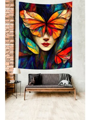 Pelangi Renkli Kelebek Kız Leke Tutmaz Kumaş Duvar Örtüsü Duvar Halısı Tapestry