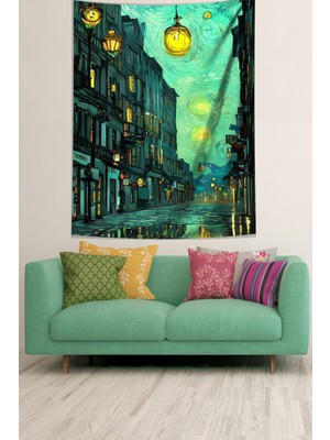 Pelangi Yıldızlı Geceler Temalı Sokak Manzarası Leke Tutmaz  Kumaş Duvar Örtüsü Duvar Halısı Tapestry