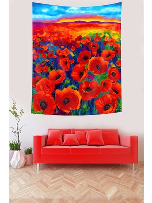 Pelangi Gün Batımı ve  Gelincik Tarlası Leke Tutmaz Kumaş Duvar Örtüsü Duvar Halısı Tapestry