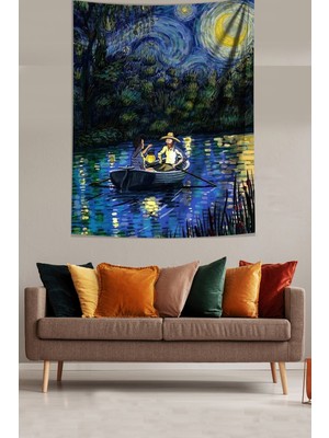 Pelangi Yıldızlı Gecelerde Kayıkta Van Gogh Leke Tutmaz  Kumaş Duvar Örtüsü Duvar Halısı Tapestry