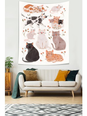 Pelangi Sevimli Kediler Leke Tutmaz Kumaş Duvar Örtüsü Duvar Halısı Tapestry