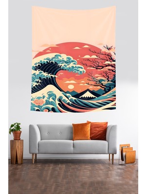 Pelangi Dalga Temalı Yıkanabilir Leke Tutmaz Kumaş Duvar Örtüsü Duvar Halısı Tapestry