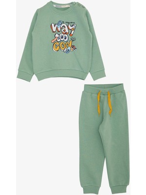 Breeze Erkek Çocuk Eşofman Takım 3 Boyutlu Yazı Baskılı 1.5-5 Yaş, Mint Yeşili