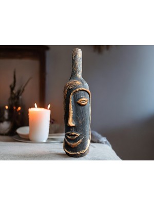 Mes Reves Design El Yapımı Özel Tasarım Insan Yüzü Heykel Dekorlu Siyah, Altın Yaldız Tasarım Dekor Şarap Şişesi