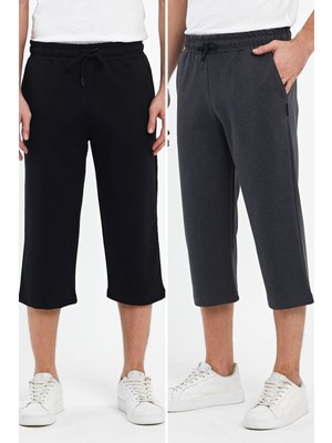 Erkek 2'li Yanları Cepli Bermuda Diz Altı Kapri Beli Ayarlanabilir Lastikli Uzun Şort